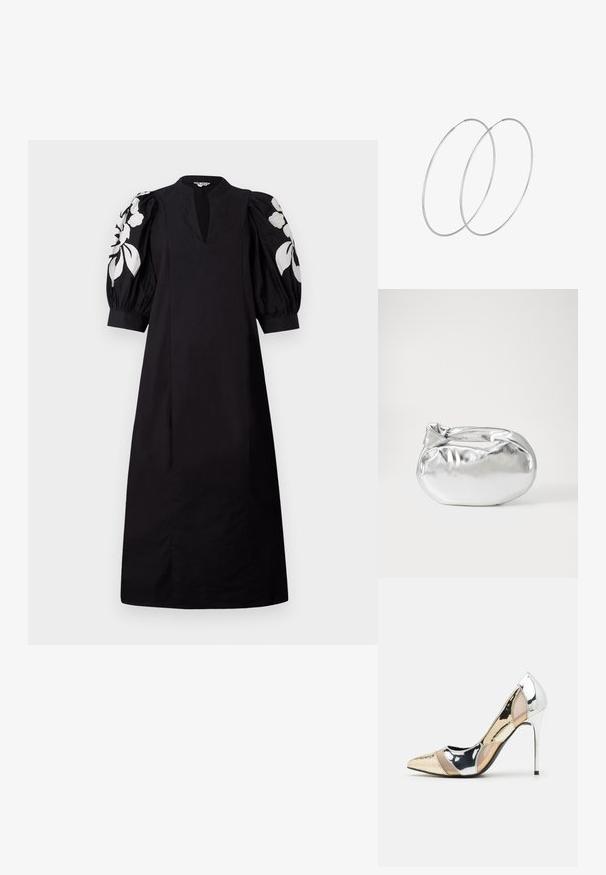 Musta mekko, jossa on V-pääntie ja puffihihat. Hihnoissa on valkoista kukkakoristusta. Valmistettu sileästä kankaasta, jossa on rento leikkaus.; Korkokenkät, joissa on terävä kärki ja hopea, kultainen sekä nude-väriyhdistelmä. Kiiltävä pinta ja leikkausdesign, varustettuna stikettikorkealla.; Hopeapintainen metallinen pussilaukku, jolla on pehmeä, pyöreä muoto ja solmittava yläosa. Valmistettu sileästä tekonahkamateriaalista.; Hopehope hopeilla, joissa on minimalistinen muotoilu. Pyöreä muoto, sileä pinta ja ohut profiili. Kevyet ja kiillotetut.