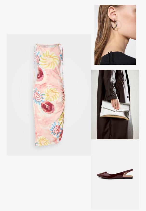 Rochie fără mâneci, dintr-un material moale roz. Prezintă modele colorate în spirale și flori în roșu, galben și albastru. Bretele ajustabile.; Balerini slingback din patent burgundy, cu vârf ascuțit, decupaj transparent și talpă plată neagră. Textură netedă, design minimalist.; Plică metalică argintie cu un design unghiular de tip plic, textură netedă și culoare contrastantă la interior, ținută într-o mână care poartă o haină neagră.; Cercel din argint cu un finisaj polișat, având detalii mici din aur și o formă rotundă, purtat pe lobul urechii.