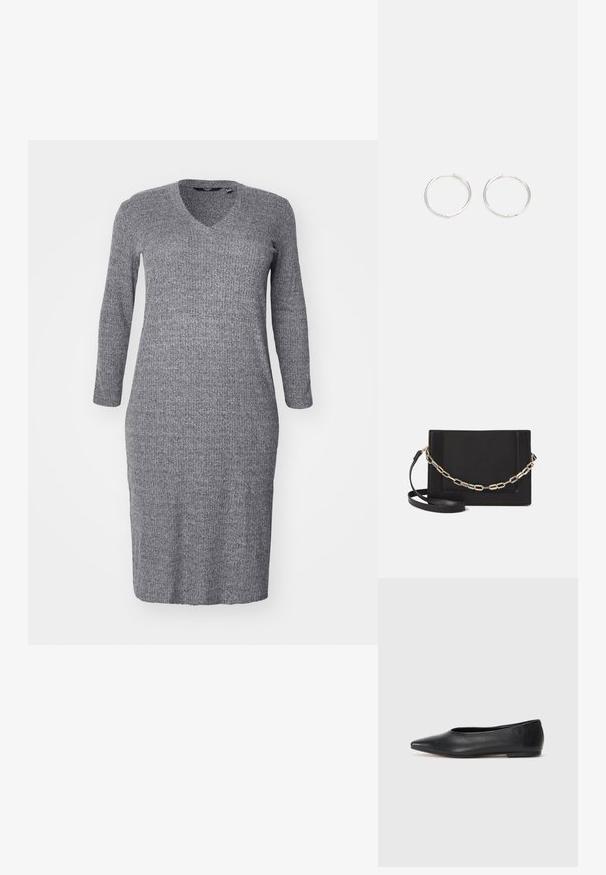 Hallukka halli kudumisel kleit v-kaeluse ja pikkade varrukatega. Kangas on tekstureeritud ja sobituv siluett, ulatudes põlve keskpaiku.; Musthave mustris balletkingad, terav nina, minimaliseeritud disain, sile pind, madal konts, ilma nähtava riistvara või kaunistusteta.; Mustast nahast õlakott, mis omab siledat tekstuuri, ristküliku kuju ning esiküljel metallketi detaili. Reguleeritav rihm on kaasas.; Hõbedased rõngaskõrvarõngad, millel on sujuv ja ümar disain, millel on sile pind ja nähtavad kaunistused puuduvad. Diameeter ei ole täpsustatud.