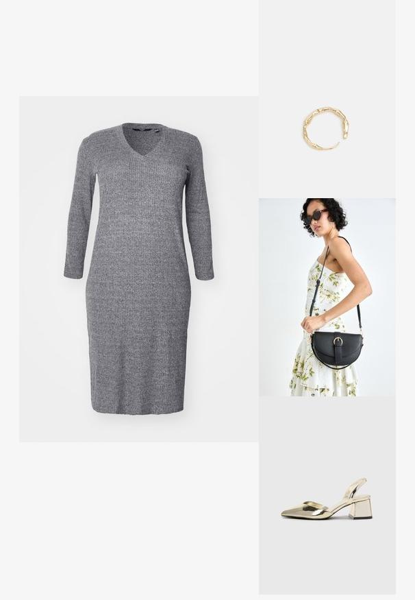 Šedé pletené šaty s výstrihom do V a dlhými rukávmi. Tkanina má textúrovaný povrch a priliehavý strih, siahajúci po polovicu lýtok.; Zlaté kovové lodičky na podpätku so špicatou špičkou a robustným podpätkom. Hladký povrch, minimalistický dizajn a úzka remienok.; Čierna kožená kabelka s zaobleným tvarom, odnímateľným popruhom a zlatými doplnkami. Kabelka má klopu s detailom s prackou.; Prsteň v zlatej farbe s organickým, skrúteným dizajnom, hladkým povrchom a zužujúcimi sa koncami, vytvárajúci moderný, sochársky vzhľad.