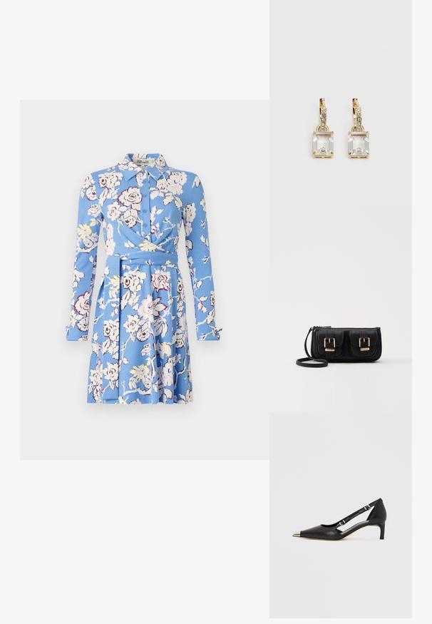 Modra cvetna obleka z dolgimi rokavi, gumbi in ovratnikom, z ovitkom in razširjenim krilom, okrašena z belimi in rumenimi vzorci cvetov.; Črni usnjeni čevelj z rahlo peto, z ostro srebrno konico in dvema paščkoma z zaponkama na belem ozadju.; Črna usnjena torbica čez ramo z dvema sprednjima žepoma, zlatimi zaponkami, zadrgo in ozkim pasom. Tekstura površine je strukturirana, obliko pa ima kompaktno pravokotno.; Zlato obarvani uhani, ki vsebujejo pravokoten, prozoren kristal, obešen pod vrsto majhnih, okroglih prozornih dodatkov. Elegantna, moderna zasnova.