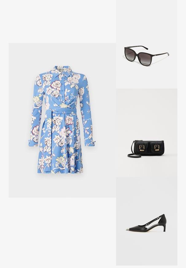 Mėlyna gėlių suknelė su ilgomis rankovėmis, užsegama priekyje, su apykakle, suvyniota, ir platėjančia sijonu, su baltais ir geltonais gėlių raštais.; Juodos odos bateliai su žemu kulniuku, smailiu sidabro spalvos pirštinės gaubtu ir dvigubais dirželiais, ant balto fono.; Juodos stačiakampės saulės akinės su gradientiniais lęšiais, plastikiniu rėmu ir metaliniu logotipo akcentu ant šventyklos. Klasikinis dizainas su lygiu paviršiumi.; Juodas odinis per petį nešiojamas krepšys su dviem priekiniais kišenėmis, auksiniais sagtimis, užtrauktuko uždarymu ir siauromis petnešomis. Textūruota paviršius ir kompaktiškas stačiakampis formatas.