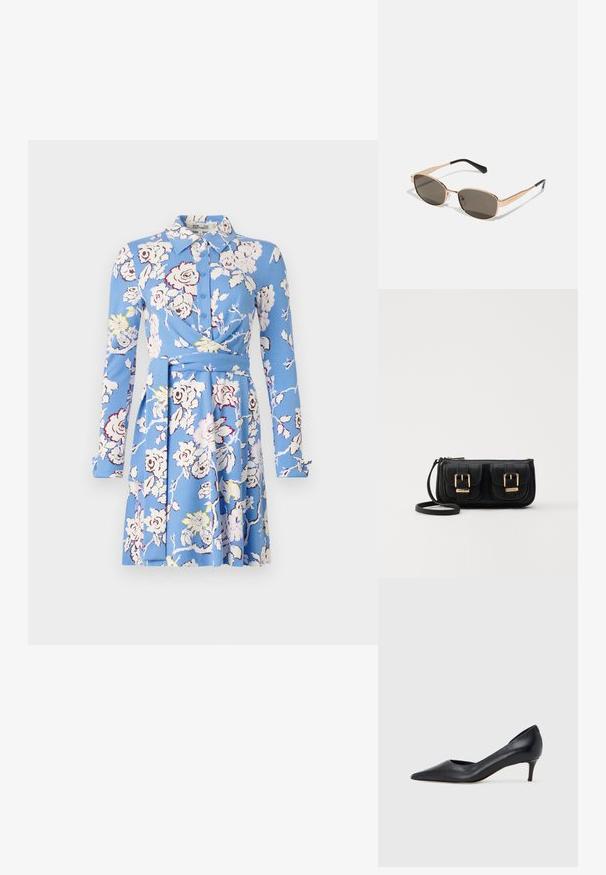 Mėlyna gėlių suknelė su ilgomis rankovėmis, užsegama priekyje, su apykakle, suvyniota, ir platėjančia sijonu, su baltais ir geltonais gėlių raštais.; Juodi odiniai aukštakulniai su smailiu priekeliu ir žemu kulnu. Turi lygią tekstūrą ir subtilų blizgesį. Priekyje yra atvira anga, suteikianti papildomo detalių.; Stačiakampiai saulės akiniai su auksiniu metaliniu rėmu ir tamsiais objektyvais. Papildyti plonomis juodomis šakomis, išsiskiriančiais minimalizmo dizainu.; Juodas odinis per petį nešiojamas krepšys su dviem priekiniais kišenėmis, auksiniais sagtimis, užtrauktuko uždarymu ir siauromis petnešomis. Textūruota paviršius ir kompaktiškas stačiakampis formatas.