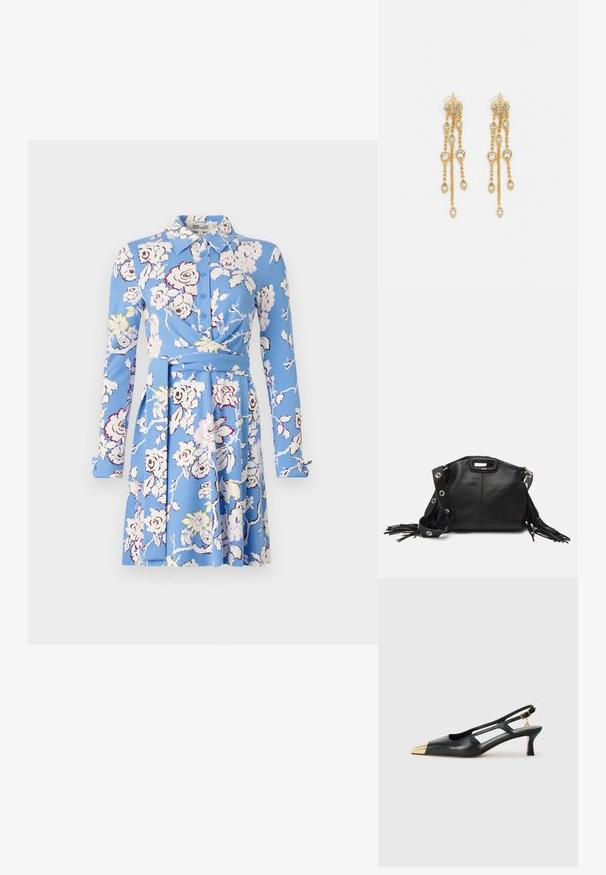 Kék virágmintás ruha hosszú ujjakkal, gombos elülső résszel, gallérral, batikolt dizájnnal és bővülő szoknyával, fehér és sárga virágmintákkal.; Fekete bőr slingback cipő hegyes orral és arany fémes orrbetéttel. Kivágott designnal és vékony sarokkal rendelkezik, állítható pánttal.; Maje MISS MINI - Keresztpántos táska - noir; Aranyszínű fülbevalók, több zuhanó lánccal, tiszta ovális strasszköves díszítéssel és dekoratív fülbevaló tetejével.