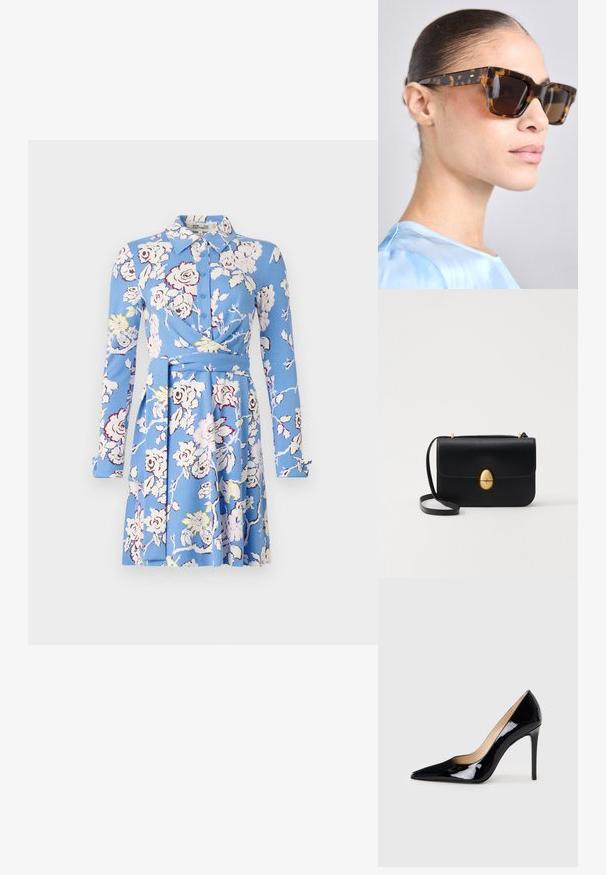 Vestido floral azul com mangas longas, abertura frontal com botões, colarinho, design em envoltório e saia rodada, apresentando padrões de flores brancas e amarelas.; Sabrinas de salto alto em couro envernizado preto com um design de bico fino e uma silhueta elegante. Apresenta um acabamento suave e brilhante, além de um salto fino e esguio.; Óculos de sol em tartaruga com uma armação retangular e robusta. Lentes escuras e detalhes em tom dourado nas hastes. Acabamento suave e brilhante.; Bolsa de mão em couro preto com uma forma rectangular estruturada. Apresenta um fecho oval dourado e uma alça para o ombro fina. Textura suave.