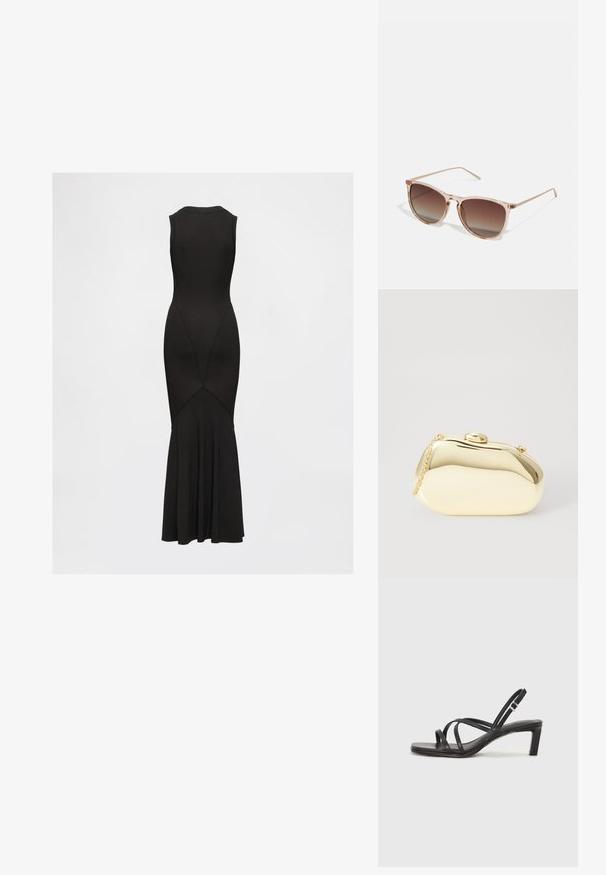 Juoda be rankovių suknelė su prigludusia liemene, išplatėjančia sijona, vertikaliomis siūlėmis ir apvaliu iškirpimu. Pagaminta iš lygaus, tampraus audinio.; Juodi šlepetės su kvadratiniu pirštu ir žemu bloku kulnu. Yra keli ploni dirželiai ir reguliuojamas kulkšnies diržas. Pagaminti iš lygios odos.; Rudi gradientiniai saulės akiniai su permatomu rožiniu rėmeliu, kvadratinės formos ir plonomis metalinėmis šakėmis. Yra su apvalintais kraštais ir minimaliais dekoratyviniais elementais.; Metalinis auksinis rankinukas su glotnia, suapvalinta forma, turintis viršutinį mygtuko užsegimą ir mažą grandinėlės dirželį nešiojimui.