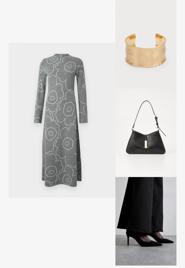 Hall halli pikad varrukad midi kleit valgete kontuurjoonistega suurte lillemustritega ja kõrge, ümar kaelusega tavalise tausta ees.; Mustadest suede'ist kõrge kontsaga kingad terava ninaga, mida kantakse mustade laia jala pükstega, omavad laitmatut disaini ja õiget sära.; Must musthave kunstnahast, millel on kolmnurkne kuju, õhuke õlarihm ja keskel kuldset tooni tarvik.; Kuldtooni käevõru, millel on sile ja laineline pind, tekstuuriga sisemus ja avatud kujundus, mis loob orgaanilise kuju.