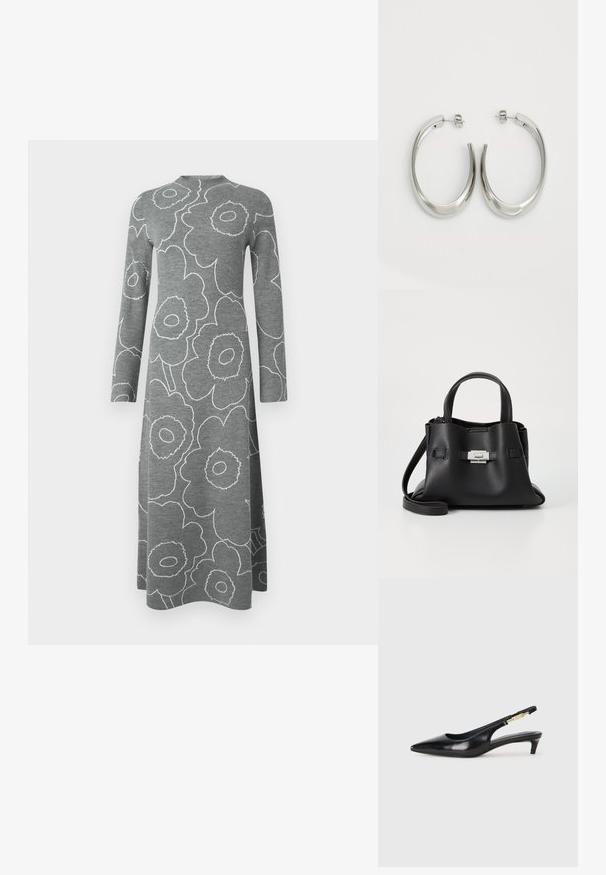 Robe midi à manches longues grise avec de grands motifs floraux blancs en contour et un col haut arrondi sur un fond uni.; Talons hauts en cuir noir avec un bout pointu, dotés d'un talon fin et d'un accent en ton or sur la lanière réglable. Texture lisse.; Sac à main en cuir noir avec une finition texturée, doté de deux poignées supérieures, d'une bandoulière amovible et d'un détail de fermoir en argent.; Boucles d'oreilles en argent avec un design lisse et courbé. Présentent une finition métallique brillante et une fermeture à clou. Pas de motifs ou d'accents visibles.
