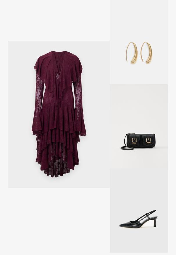 Bordeaux kanten jurk met gelaagde ruches, lange uitlopende mouwen en een diep decolleté. Voorzien van ingewikkelde bloemmotieven door het geheel.; Zwart patent slingback hak met een spitse neus, voorzien van een gestructureerde slangenprint, verstelbare band en een korte, gestructureerde blokhak.; Zwarte leren schoudertas met twee vo pockets, gouden gespen, ritsluiting en een smalle band. Tekstuur oppervlak en compacte rechthoekige vorm.; Gouden metalen oorbellen in de vorm van een gebogen, verlengde hoop. Kenmerkend zijn het gladde, glanzende oppervlak en de afgeronde punt voor extra detail.