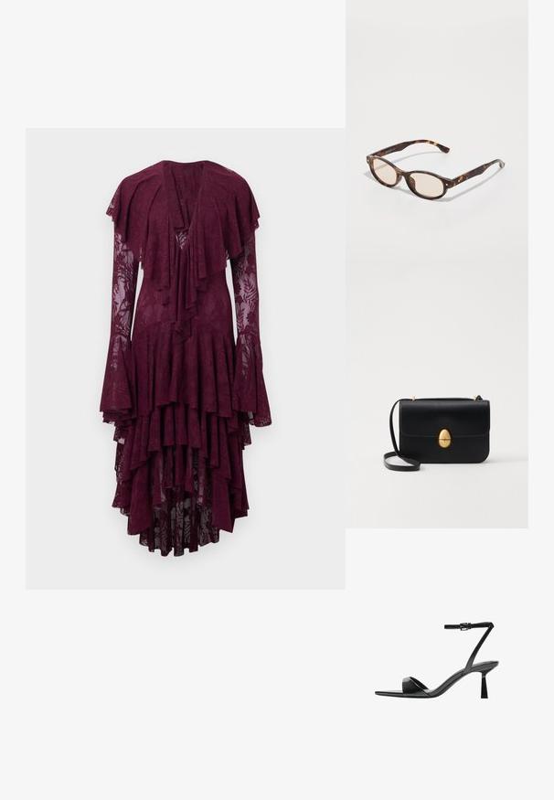 Bordeauxrotes Spitzenkleid mit gestuften Rüschen, langen ausgestellten Ärmeln und tiefem Ausschnitt. Verziert mit filigranen Blumenmustern über das gesamte Kleid.; Bershka High Heel Sandalette - black; Schildkrötenmuster Sonnenbrille mit runder Form und leichten Gläsern. Verfügt über stabile Bügel mit kleinen goldenen Akzenten, hergestellt aus Kunststoff.; Schwarze Lederhandtasche mit strukturierter rechteckiger Form. Verfügt über einen goldenen ovalen Verschluss und einen dünnen Schulterriemen. Glatte Textur.