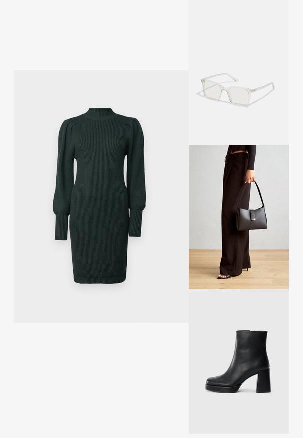 Mørkegrønn ribbestrikket kjole med høy hals, puffermer og tettsittende silhuett, som slutter rett over kneet.; Sorte skinnankelsko med blokkhæl og plattformsåle, sett fra siden på en enkel hvit bakgrunn.; Klare plastiske briller med kvadratisk innfatning og gjennomsiktige linser, med gullfiner på brillestengene for ekstra detalj.; Svart håndveske med strukturert form, jevn tekstur og metallisk lås. Kombinert med brede svarte bukser og sandaler med åpen tå på tregulv.