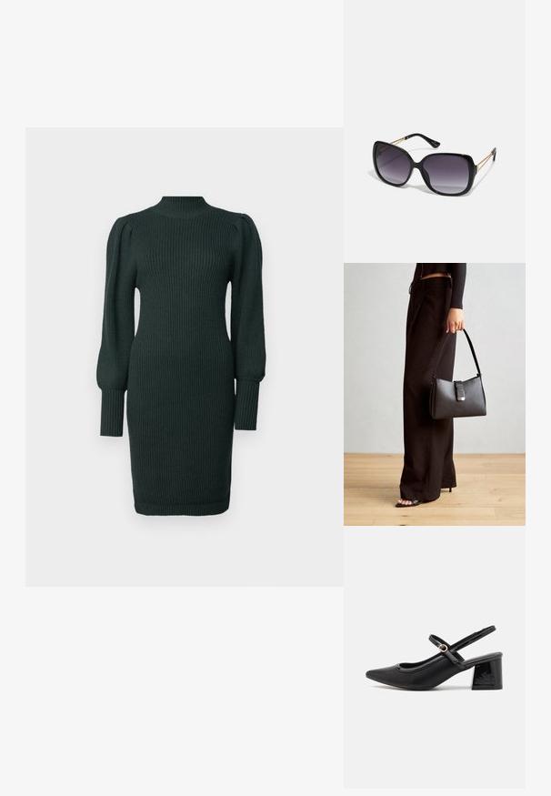 Tume roheline ribaga kootud kleit kõrge kaelusega, puffitud varrukatega ja sobiva siluettiga, lõppeb just üle põlve.; Mustad läikivad nahast slingback-kõrged kontsad, millel on terav nina, ümar lõikekujundus ja blokknina. Omab kuldset nupu aktsenti.; Mustad ümarad päikeseglaasid, millel on gradient objektiivid, paksud raamid ja kuldse tooni kettaga kaunistused tempelitel.; Must musta kott, millel on struktureeritud kuju, sile tekstuur ja metallist klamber. Kombineeritud laiate mustade pükstega ja avatud varvaste sandaalidega puidust põrandal.