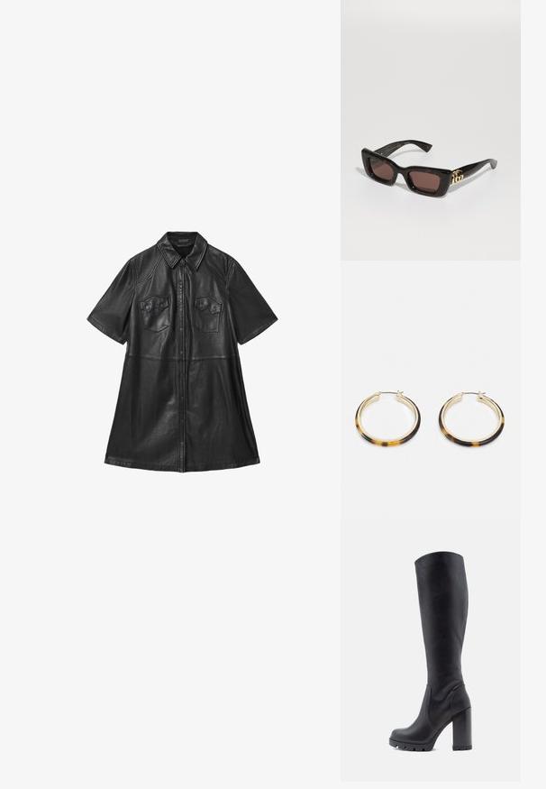 Svart läderklänning med korta ärmar, krage, två bröstfickor och knäppning fram. Slät textur med skräddarsydda sömmar.; Svart knäghöga stövel, slät lädermaterial, kraftig klack, rund tå, texturerad sula med grepp, stilren design utan utsmyckningar.; Svart sköldpaddsmönstrade solglasögon med rektangulära linser, brun ton, tjock ram och guld dubbel-G logotypdetalj på bågen.; Guldtonade hoopörhängen med en yttermarg av resin med sköldpaddsmönster, som har en slät yta och en stilren, cirkulär form.