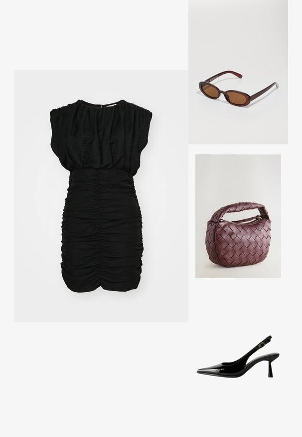 Mustat mekko, jossa on kerrostettu tekstuuri, lyhyet puffi-hihat ja rypytetty yksityiskohta vyötäröllä. Pehmeä, kevytrakenteinen kangas, joka on tiivistetty muotoon.; Musta lakattu nahkasaapas, jossa on teräväkärkinen malli, leikattuja sivuja, säädettävä nilkkain ja ohut, virtaviivainen korko.; Pyöreät, ruskehtavat aurinkolasit, joissa on kiiltävä burgundinpunainen runko. Kapeat sivut, joissa on hienovarainen brändäys. Litteät linssit.; Kudottu viininpunainen nahkalaukku, jonka muoto on pyöreä, paksu kahva ja vetoketjulla suljettava aukko. Ominaisuuksiin kuuluu sileä pinta ja kudottu kuvio.