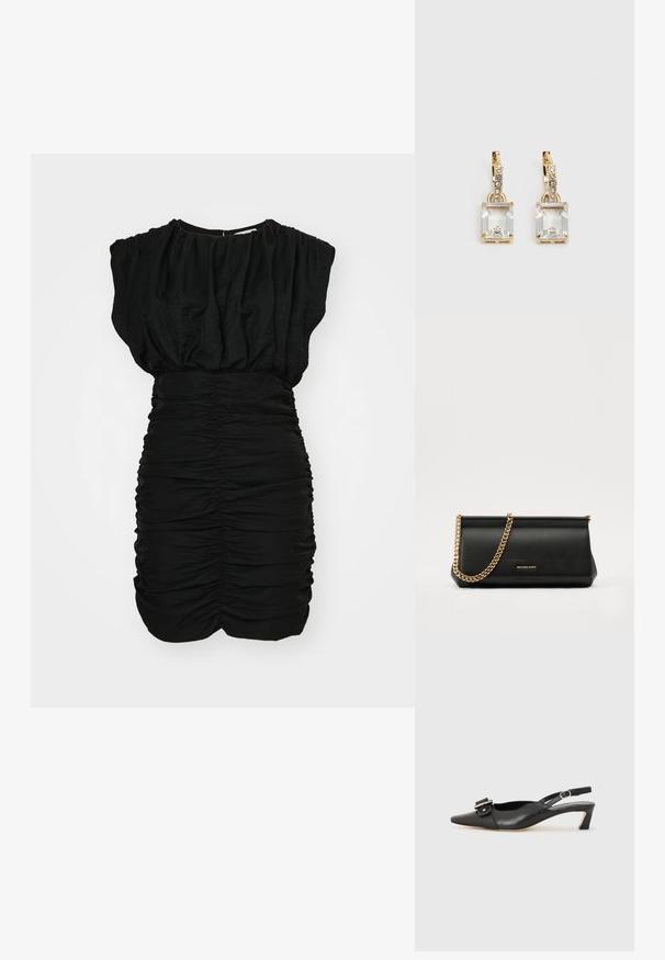 Svart kjole med rynket tekstur, korte puffermer og rynkete detaljer ved livet. Mykt, lett stoff i en tettsittende silhuett.; Svarte skinn slingback-sko med spiss tå, liten hæl og dekorativ spenne-detalj på overdelen. Glatt tekstur, minimalistisk design.; Svart skinnkuvertveske med en gullkjede-rem, med en glatt tekstur, rektangulær form og preget merkevare på forsiden.; Gullfargede øreringer med en rektangulær, klar krystall som henger under en rad av små, runde klare akenter. Elegante, moderne design.