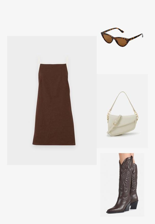 Smeđa lanena haljina s tankim krem trakama, ravnog kroja i minimalnim detaljima. Mekana tekstura, srednje dužine, pogodna za svakodnevno nošenje.; Smeđe kožne kauboj čizme s šiljastim vrhom i blok-potpeticom, s detaljno izvezenim šavovima i uzdignutim naglascima na okovu.; Sunglasses u obliku mačjih očiju s okvirom u crno-narančastom kornjačevom uzorku, smešnim lećama i elegatnim, šiljastim vrhovima. Sadrži minimalni logo na dršci.; Mala krem torbica s teksturiranim finišom, dugačkim podesivim remenom, lančanim detaljem i preklopom. Zlaćani hardver.