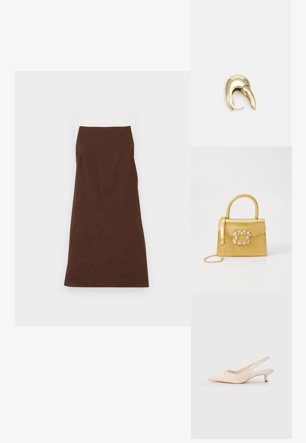 Rjava lanena obleka s tankimi kremnimi naramnicami, ravno krojena in z minimalnimi detajli. Mehka tekstura, srednje dolžine in primerna za vsakodnevno nošenje.; Slingback čevlji s koničastim prstom v odtenku off-white iz usnja, z majhno mašno podrobnostjo in nizko mačko peto. Gladka tekstura, minimalističen dizajn.; Rumeno usnjeno-usnje z vzorcem krokodila, s strukturiranim dizajnom, zgornjo ročajem, snemljivo verižico in dekorativnim kristalnim okrasjem na zaponki.; Uhane nakit iz zlatastega tona z gladko, ukrivljeno zasnovo. Ima edinstveno koničasto obliko, polirano površino in zaponko s tečajem.