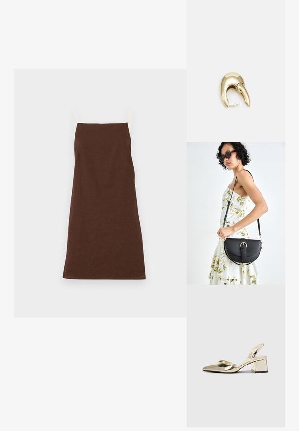 Barna lenruha vékony krém színű pántokkal, egyenes vonalú, minimális díszítéssel. Puha tapintású, középhosszú, alkalmas hétköznapi viseletre.; Arany, fémből készült slingback sarkú cipők hegyes orral és vastag sarokkal. Simaság, minimalista design és keskeny pánt jellemzi.; Fekete bőrtáska ívelt formával, levehető pánttal és arany színű fémrészekkel. A táskán egy csattal díszített fedél található.; Aranyszínű fém fülbevaló, elegáns, ívelt formával. Különleges hegyes alak, fényes felszín és zsanéros záródás jellemzi.