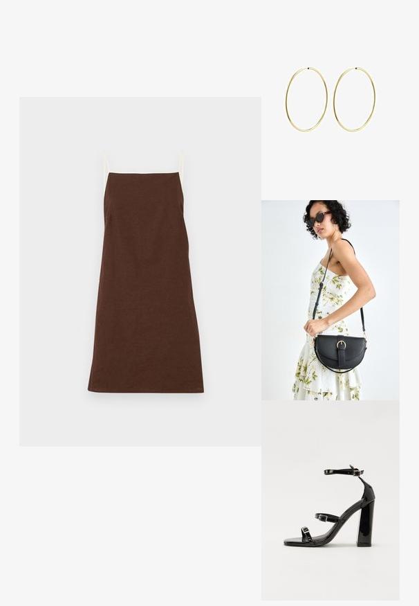 Brun linnekjol med tunna cremefärgade band, rak skärning och minimal dekoration. Mjuk textur, medellång, lämplig för vardagsbruk.; Svarta lackerade klacksandaler med fyrkantig tå, ankelremmar och silverfärgade spännen. Har en kraftig blockklack för stabilitet.; Svart läderhandväska med en böjd form, avtagbar rem och guldiga detaljer. Väskan har ett lock med en spänndetalj.; Guldörhängen med en slät, rund design. Tunna och lätta, med en kontinuerlig båge utan några utsmyckningar.
