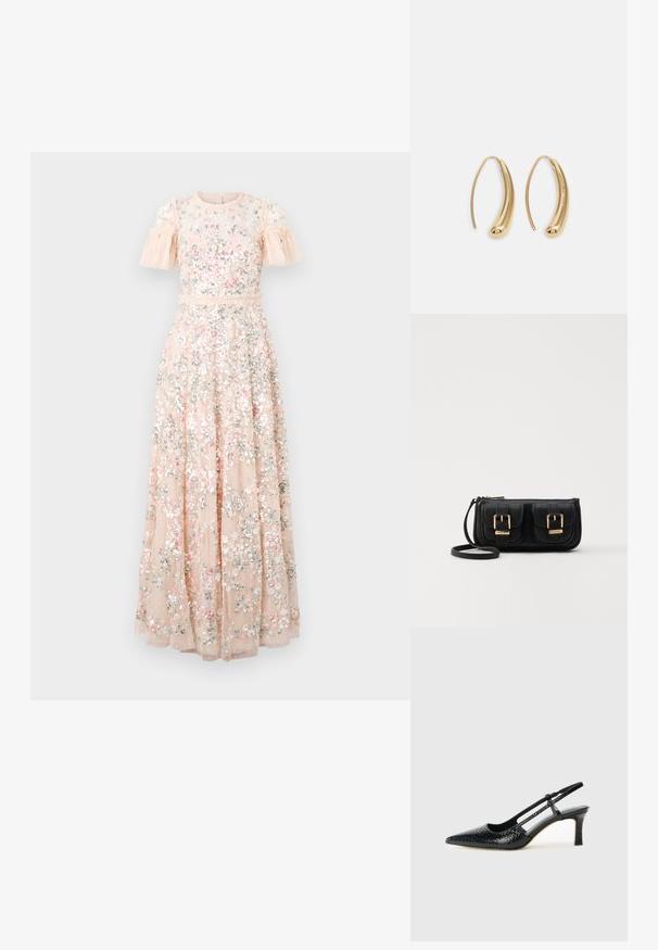 Duga cvjetna haljina od meke breskvaste tkanine, sa kratkim volan rukavima, složenim vezom i šljokicama po cijelom dijelu za dodatnu teksturu.; Crne lakirane slingback pete s oštrim vrhom, s teksturiranim uzorkom zmijske kože, podesivom remenom i kratkom, teksturiranom blok-petom.; Crna kožna torba preko ramena s dva prednja džepa, zlatnim kopčama, zatvaranjem na zip i uskim remenom. Teksturirana površina i kompaktan pravokutan oblik.; Zlatne metalne naušnice u obliku obruča s zakrivljenim, izduženim oblikom. Imaju glatku, sjajnu površinu i zaobljeni vrh za dodatni detalj.