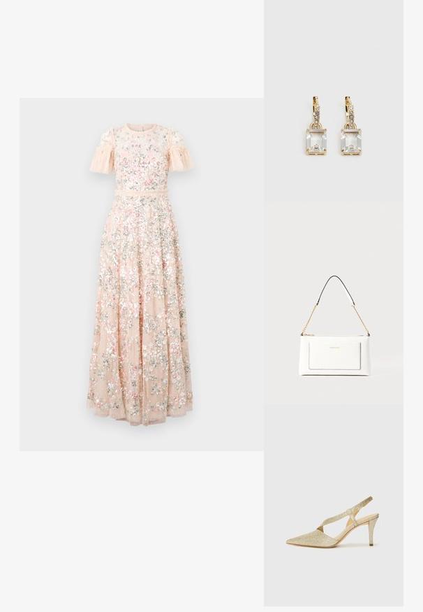 Langes Blumenkleid aus zartem Pfirsichstoff, mit kurzen Rüschenärmel, aufwendiger Stickerei und Pailletten für zusätzliche Struktur.; Glänzende goldene Slingback-Pumps mit einer spitzen Zehe, einem dünnen Knöchelriemen und einem schlanken Absatz. Die Oberfläche hat ein strukturiertes metallisches Finish.; Weißes Lederhandtasche mit strukturierter Oberfläche, ausgestattet mit einem goldenen Kettenriemen und schwarzen Akzenten. Enthält eine Fronttasche und einen Reißverschluss.; Ohrringe in Goldfarbe mit einem rechteckigen, durchsichtigen Kristall, der unter einer Reihe kleiner, runder klarer Akzente hängt. Elegantes, modernes Design.