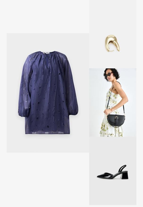 Morska prozirna haljina s dugim napuhanim rukavima, vezicom oko vrata i izvezenim cvjetnim uzorcima. Lagani materijal s teksturiranim završetkom.; Crne lakirane kožne sandale s otvorenom petom i špicastim vrhom, s geometrijskom blok petom. Imaju elegantan, minimalistički dizajn i glatku teksturu.; Crna kožna torba s lukovitim oblikom, odvojivim remenom i zlatnim detaljima. Torba ima preklop s kopčom.; Zlatne metalne naušnice s elegantnim, zakrivljenim dizajnom. Imaju karakterističan šiljast oblik, poliranu površinu i zatvaranje na šarku.