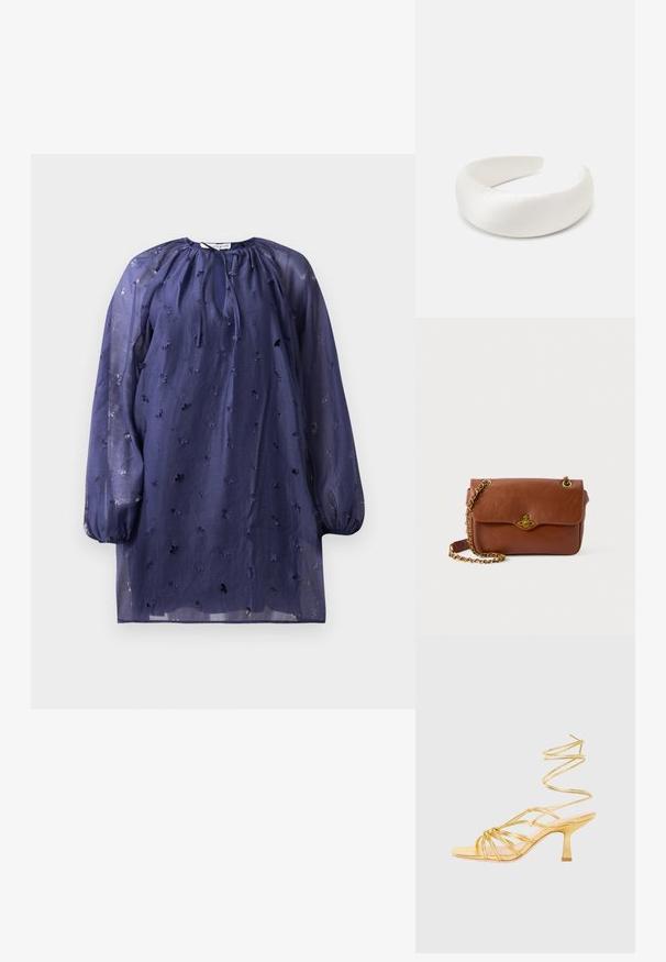 Tumed sheer kleit pikkade puffvarrukatega, paelaga kaelus ja tikitud lillemustrid. Kerge kangas tekstureeritud viimistlusega.; Kuldne kõrge kontsaga sandalet, millel on spiraaljas pahkluu rihm, avatud varvas, ristitav esikujundus, sile metallikviimistlus ja saledad plokkninad.; Pruunist nahast risti keha kott klapiga kinnitusega, kuldsetest detailidest ja ahelaga rihmast. Sile tekstuur, ristkülikukujuline kuju, minimaalsete detailidega.; Loeffler Randall BELLAMY OVERSIZE HEADBAND - Soenguaksessuaarid - cream