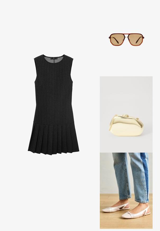Schwarzes ärmelloses Kleid mit vertikalen Streifen, einem taillierten Oberteil und einem plissierten Rock. Der Stoff ist glatt mit einer leicht strukturierten Haptik.; Blassrosa Slingback-Ballerinas mit spitzem Punkt, aus einem glatten, lederähnlichen Material. Mit Ausschnitten an den Seiten und einem flachen Absatz.; Braune achteckige Sonnenbrille mit einem transparenten, bernsteinfarbenen Rahmen und braun getönten Gläsern. Verfügt über eine Metallverzierung am Steg und schlanke Bügel.; Metallisch goldene Clutch mit einer glatten, abgerundeten Form, ausgestattet mit einem oberen Druckknopfverschluss und einem kleinen Kettenriemen zum Tragen.