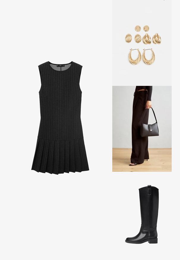 Černé šaty bez rukávů s vertikálními pruhy, přiléhavým živůtkem a skládáním na sukni. Materiál je hladký s mírně texturovaným povrchem.; Černé kozačky po kolena vyrobené z hladkého syntetického materiálu. Mají zaoblenou špičku, nízký blokový podpatek a detailování ve vertikálních švech.; Černá kabelka se strukturovaným tvarem, hladkým povrchem a kovovým uzávěrem. Kombinována s širokými černými kalhotami a sandály s otevřenou špičkou na dřevěné podlaze.; Souprava náušnic ve zlatém tónu, která obsahuje tři páry: texturované oválné náušnice, náušnice s vlnitým designem a velké kruhové náušnice s vrstvenými rýhami.