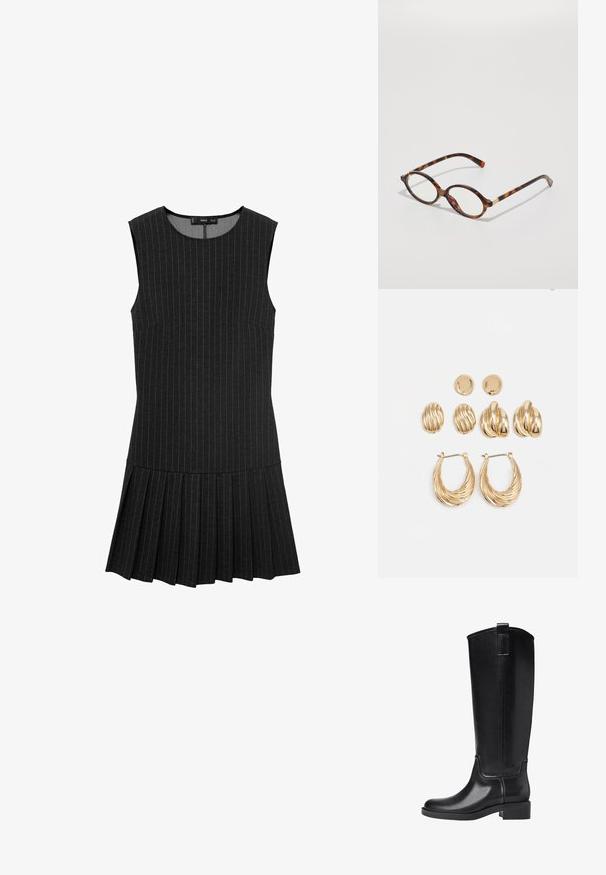 Czarna sukienka bez rękawów z pionowymi paskami, dopasowanym górnym fasonem i plisowanym dołem. Materiał jest gładki z lekko fakturowanym wykończeniem.; Czarne kozaki do kolan wykonane z gładkiego materiału syntetycznego. Posiadają okrągły czubek, niski blokowy obcas oraz pionowe przeszycia.; Okulary w kształcie owalnym w kolorze tortoishell, z przezroczystymi soczewkami i złotymi akcentami. Posiadają wygięte zauszniki oraz gładkie, błyszczące wykończenie.; Zestaw kolczyków w odcieniu złota składający się z trzech par: teksturowane owalne kolczyki, kolczyki o falistym wzorze i dużych kolczyków w formie kół z nałożonymi żłobieniami.