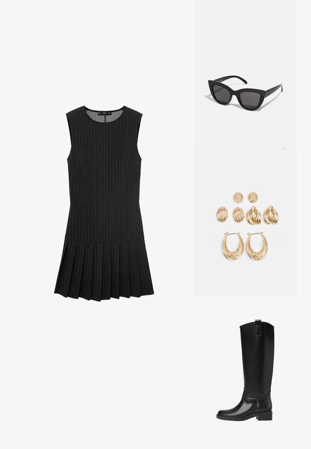 Robe noire sans manches avec des rayures verticales, un corsage ajusté et une jupe plissée. Le tissu est lisse avec une finition légèrement texturée.; Bottes noires montantes en matériau synthétique lisse. Caractéristiques d'un bout rond, d'un petit talon bloc, et de détails de couture verticale.; Lunettes de soleil noires en forme d'œil de chat avec une finition mate, dotées de verres teintés gris, d'angles aigus et de branches élégantes. Nom de la marque visible sur la branche intérieure.; Ensemble de boucles d'oreilles dorées comprenant trois paires : des clous ovales texturés, des clous au design ondulé et de grandes boucles d'oreilles avec des nervures superposées.
