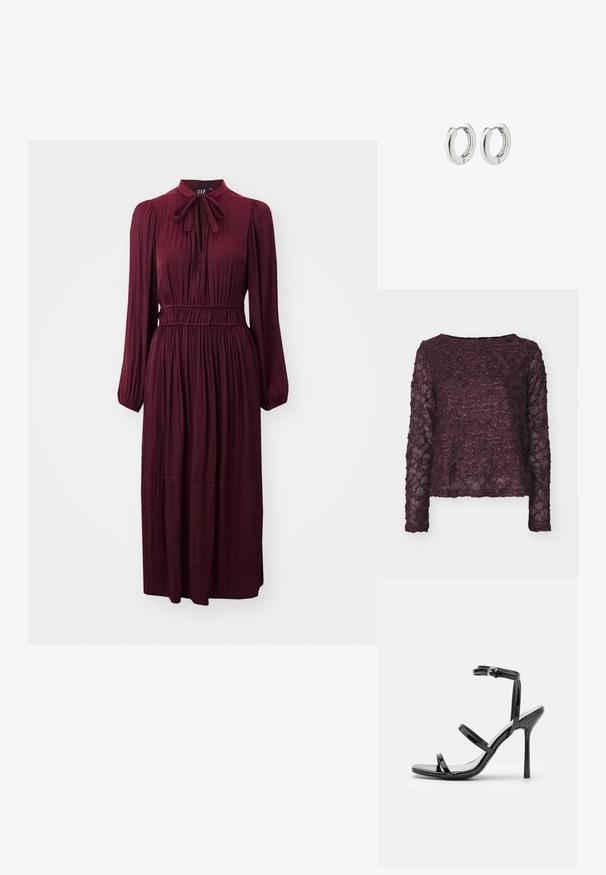 GAP LS SATIN MIDI DRS - Kasdienė suknelė - noir red; Ilga rankovė permatoma palaidinė tamsiai violetinės spalvos su tekstūriniu raštu ir blizgučiais. Tiesus apatinis kraštas ir plati iškirptė.; Juodos lakinės odos aukštakulnės sandalai su trimis horizontaliais dirželiais ir reguliuojamu kulkšnimis dirželiu. Lieknas siluetas ir blizgus apdaila.; Sidabriniai auskarai su poliruotu paviršiumi, turintys apvalią dizaino formą ir be siūlių vyriukus, rodantys lygų paviršių.