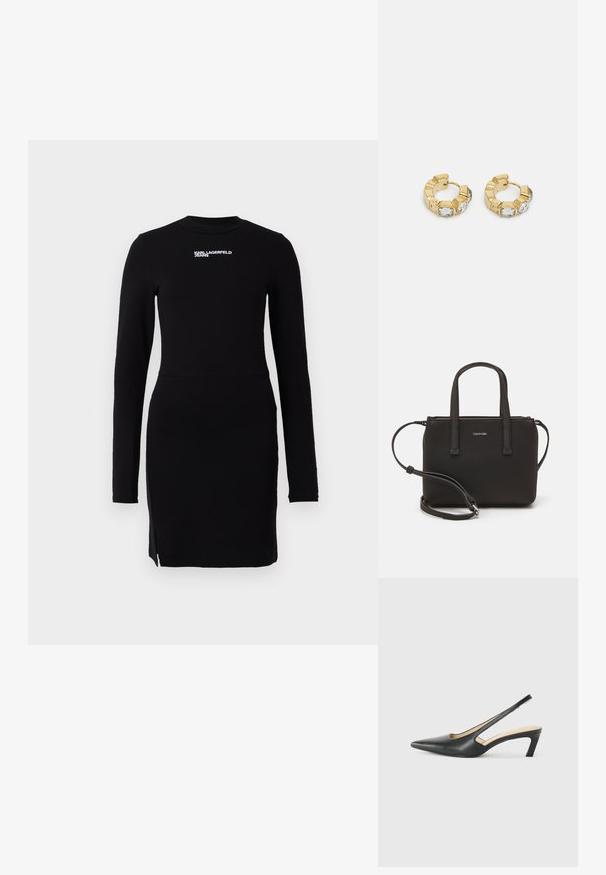 Czarna dopasowana sukienka z długim rękawem, z wysoką karkiem i małym rozcięciem z przodu, z białym napisem "Karl Lagerfeld Jeans" na piersi.; Czarny but na obcasie typu slingback z ostro zakończonym noskiem, z niskim obcasem, wykonany z gładkiej skóry, z wycięciem po boku dla lepszej wentylacji.; Czarna torebka z dwoma krótkimi uchwytami i odpinanym paskiem na ramię. Gładki materiał przypominający skórę, z zamkiem błyskawicznym i detalem z logo.; Złote kolczyki w kształcie obręczy z teksturowanym fasonem i trzema przezroczystymi kryształkami po jednej stronie, oferujące nowoczesną, geometryczną estetykę.