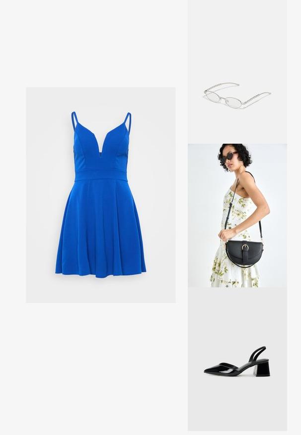 Vestido azul sem mangas com decote em V, corpete ajustado e saia evasê. Tecido liso sem padrões ou detalhes visíveis.; Sandy em verniz preto com salto slingback, ponta afilada e salto geométrico. Apresenta um design elegante e minimalista com textura suave.; Óculos ovais com uma armação metálica prateada, lentes transparentes e detalhes texturizados em contas nas hastes. Design leve com braços curvos.; Bolsa de couro preta com forma curva, alça destacável e detalhes em dourado. A bolsa possui uma aba com detalhe de fivela.