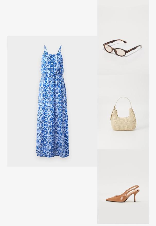 Maxikjole med blå og hvit intrikat mønster, ermeløs design, smocket liv og utsvingt skjørt. Laget av lett stoff.; Spiss tå slingback hæl i et glat, glinsende brunt materiale. Har et buet utskårent design og en slank stilett hæl. Sølvspenne detalj.; Skilpaddeskall solbriller med rund form og lette linser. Har robuste arme med små guld accenter, lavet af plastmateriale.; Vevd stråveske i beige med buet form, kort håndtak og glidelås på siden. Har teksturert overflate og minimalistisk design.