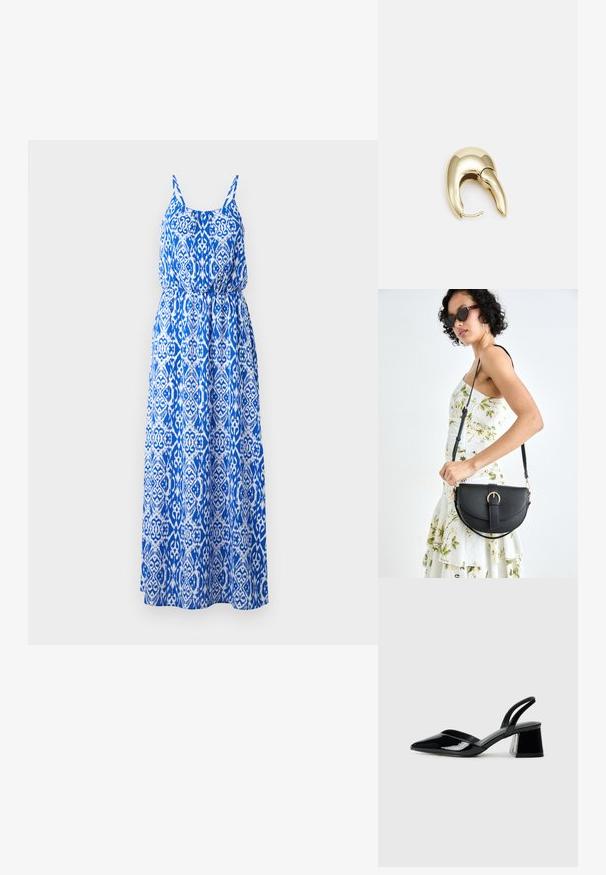 Maxi šaty s modro-bílým složitým vzorem, bez rukávů, smocked živůtek a široká sukně. Vyrobeno z lehkého materiálu.; Černé lakované kožené lodičky na pásku s špičatou špičkou a geometrickým blokovým podpatkem. Vyznačují se elegantním, minimalistickým designem a hladkým povrchem.; Černá kožená kabelka s křivkovým tvarem, odnímatelným popruhem a zlatými detaily. Kabelka má klopu s přezkou.; Náušnice ve zlatém tónu z kovu s elegantním zakřiveným designem. Vyznačují se jedinečným špičatým tvarem, lesklým povrchem a závěsem na kloub.