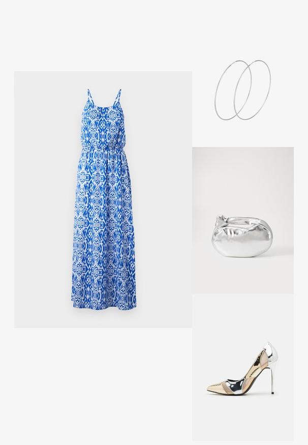 Maxikleid mit blau-weißer, aufwendiger Musterung, ärmellosem Design, gerafftem Mieder und weitem Rock. Aus leichtem Stoff gefertigt.; Spitz zulaufender High-Heel-Schuh in einer Farbgestaltung aus Silber, Gold und Nude. Glänzende Oberfläche mit Ausschnittdesign und stiletto Absatz.; Silberne metallic Pouch-Tasche mit einer sanften, abgerundeten Form und einem geknoteten Verschluss oben. Hergestellt aus glattem Kunstleder.; Silberne Creolen mit minimalistischem Design. Rundform, glatte Oberfläche und dünnes Profil. Leichtgewichtig mit hochglänzender Oberfläche.