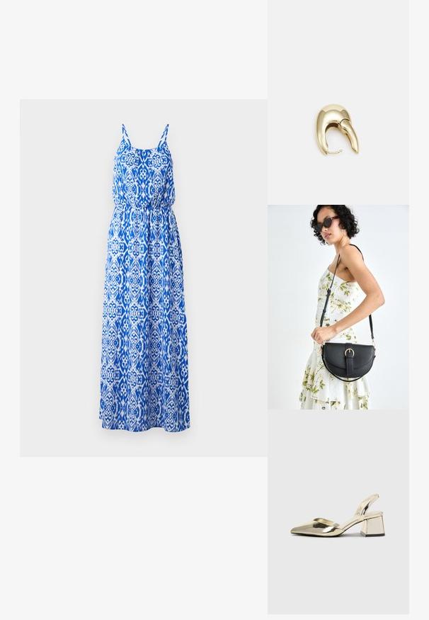 Maxi šaty s modro-bielym zložitým vzorom, bezrukávový dizajn, naťahovacia sukňa a zvonová sukňa. Vyrobené z ľahkého materiálu.; Zlaté kovové lodičky na podpätku so špicatou špičkou a robustným podpätkom. Hladký povrch, minimalistický dizajn a úzka remienok.; Čierna kožená kabelka s zaobleným tvarom, odnímateľným popruhom a zlatými doplnkami. Kabelka má klopu s detailom s prackou.; Náušnice z kovu v zlatej farbe s elegantným, zakriveným dizajnom. Majú charakteristický špicatý tvar, leštený povrch a uzáver na pánt.