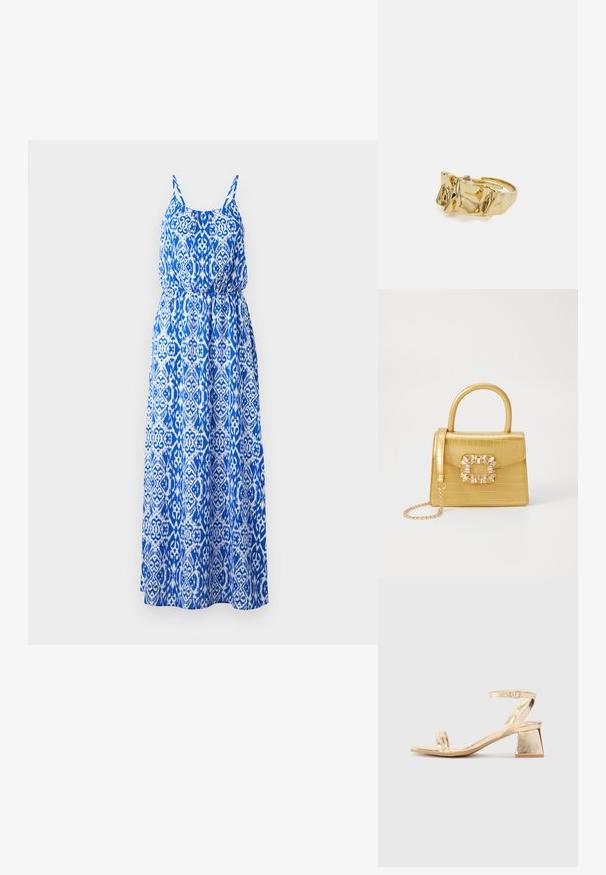 Maxi kjole med blåt og hvidt indviklet mønster, uden ærmer, smocked mave og udvidet skørt. Lavet af letvægtsstof.; Gyldne metalliske hælede sandaler med en vinkelret blokhæl, to remme over foden og en justerbar ankelrem. Glat tekstur.; Gul faux-krokodille skuldertaske med struktureret design, top-håndtag, aftagelig kædetraske og dekorativ krystaldekoration på låsen.; Guldring med tekstureret, bølget design, der har tre fremtrædende toppe. Glat, skinnende overflade med en åben ring, der gør den justerbar.
