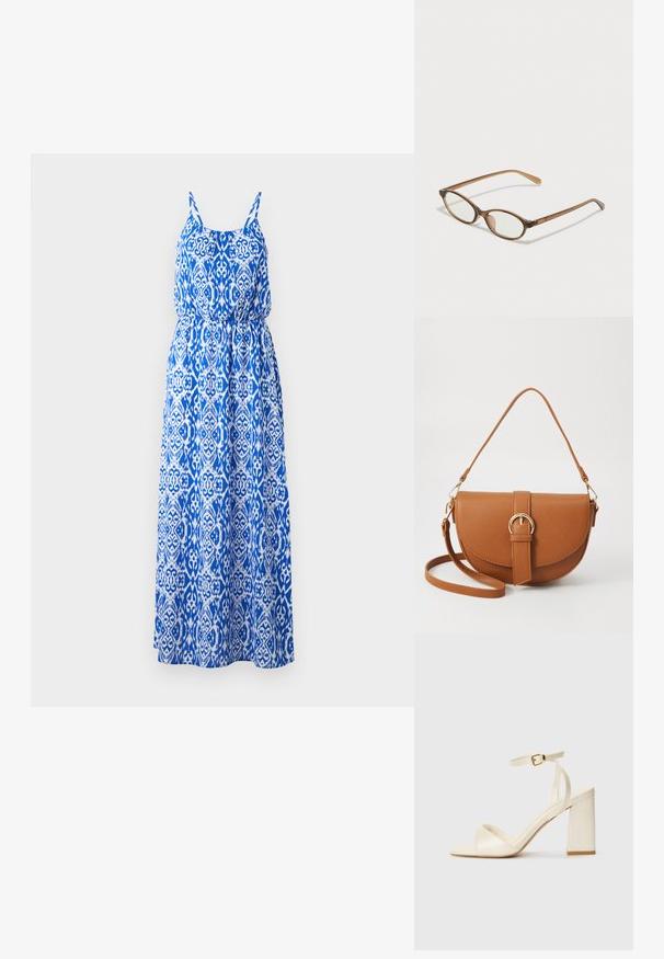 Vestido maxi com padrão intrincado em azul e branco, design sem mangas, corpete franzido e saia rodada. Feito de tecido leve.; Sandálias de salto alto de cor creme, com bico aberto, salto bloco largo, tira fina no tornozelo e um acabamento ligeiramente brilhante. Detalhe de fivela na tira.; Óculos tortoiseshell castanhos com lentes ovais, hastes finas e acabamentos transparentes. Apresenta um logótipo subtil na têmpora. Design elegante e leve.; Bolsa transversal de couro castanho com um formato curvado, ferragens douradas e um detalhe de fivela. Inclui uma alça de ombro destacável.