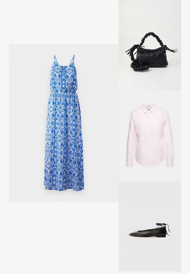 Maxikjole med blå og hvit intrikat mønster, ermeløs design, smocket liv og utsvingt skjørt. Laget av lett stoff.; Lyserød langærmet skjorte med knapkrave, der har en lige nederkant og blød tekstur, lavet af letvægts bomuldsstof.; Svarte lær balletflater med spiss tå, ankelbånd og flat såle, som har en glatt tekstur og minimalistisk design.; Svart faux skinn-håndveske med krokodilletekstur, strammet topp og en rynket stropp. Ser myk og kompakt ut i designen.