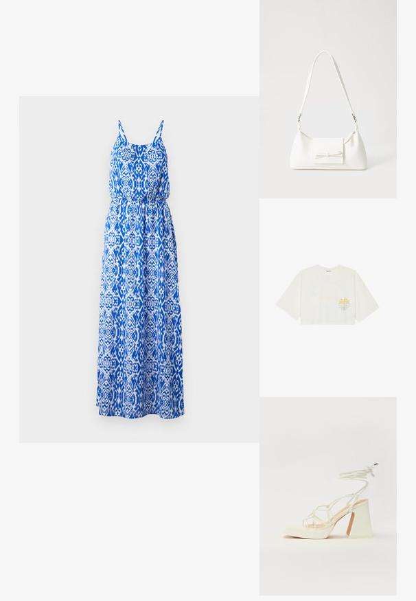 Maxi ruha kék és fehér bonyolult mintával, ujjatlan dizájnnal, rakott felső résszel és bő szoknyával. Könnyű anyagból készült.; Rövidujjú, pamutból készült fehér cropped póló, bal mellen sárga pálmafa és kék hullám grafikai mintával.; Fehér, magassarkú szandál vastag sarokkal, pántos dizájnnal és bokapánttal. Sima textúra, elülső platformmal a megnövelt magasság érdekében.; Fehér szintetikus kézitáska, háromszög alakú, lapos előlap, masni részlettel, állítható pánttal, sima textúrával és minimalista dizájnnal.