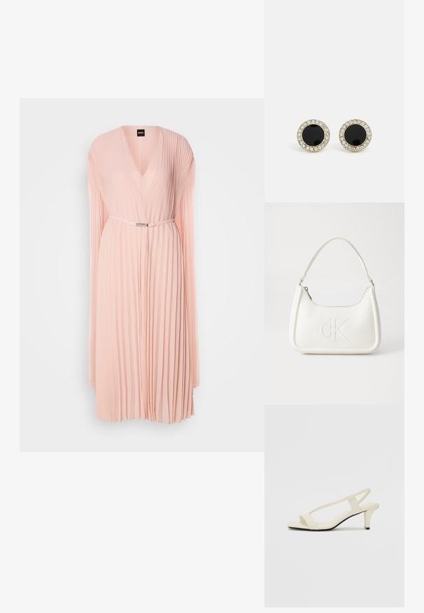 Harmonikus rózsaszín anyagból készült redőzött ruha mély V-kivágással. Hosszú ujjakkal és ezüstszínű övvel megkötött derékkal rendelkezik.; Beige színű, blokksarkú szandálok vékony pántokkal és négyzet alakú orral. Simább anyag, minimális részletezéssel, amely könnyű viselésre lett tervezve.; Fehér bőrtáska ívelt formájú, elöl feltűnő "CK" logóval, egyetlen vállpánttal. Cipzáras zárás a tetején.; DKNY INLAY STUD - Fülbevalók - black/gold-coloured