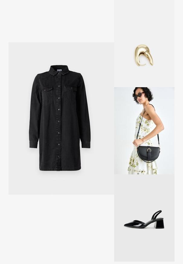 Svart denim skjorte-kjole med knappelukking, krage, lange ermer og to brystlommer. Har et enkelt design og robust materiale.; Svarte patentlær slingback hæler med spiss tå og geometrisk blokk hæl. Har et stilrent, minimalistisk design og jevn tekstur.; Svart lærveske med en buet form, avtagbar stropp og gullbeslag. Vesken har et klaff med spenne-detall.; Gullfarget metalløredobber med et elegant, buet design. Har en karakteristisk spiss form, polert overflate og hengsel-lukking.