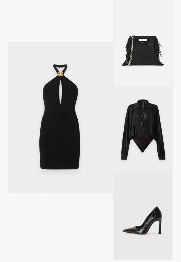 Fekete, nyakpántos ruha kulcslyuk kialakítással az elején, arany oroszlánfej díszítéssel a nyakvonalnál. Sima textúra, testhezálló fazon.; Fekete egyrészes ruházat hosszú ujjakkal, V-kivágással és testhez simuló fazonnal. Fényes, sima anyagból készült, strukturált gallérral és mandzsettákkal.; Fekete hegyes orrú magassarkú cipő krokodilbőr textúrával, letisztult dizájnnal, magas tűsarkú és sima fekete belső résszel.; Fekete bőr kézitáska, frufrus részletekkel, arany láncos vállpánttal és kivágott fogantyúval. Az elülső részen logó található.