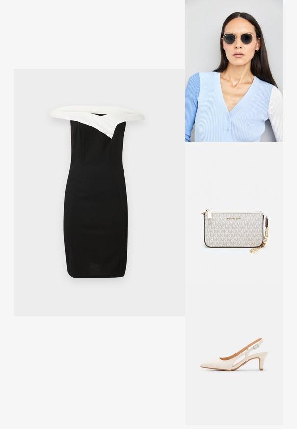 Czarna dopasowana sukienka z białym kołnierzykiem odkrywającym ramiona, elegancki krój i gładka tekstura, prezentująca nowoczesną sylwetkę.; Biała szpilka slingback z ostrym noskiem, gładkim materiałem wierzchnim, niskim obcasem blokowym oraz wycięciami po bokach i regulowanym paskiem z klamrą.; Okrągłe okulary przeciwsłoneczne z ciemnymi soczewkami i złotymi ramkami. Modelka nosi jasnoniebieski kardigan w prążki z guzikami i białymi rękawami w kontrastowym kolorze.; Portfel na nadgarstek marki Michael Kors w beżowej, pokrytej płótnem, z powtarzającym się wzorem logo MK, złotym okuciem i odpinanym łańcuszkowym paskiem.