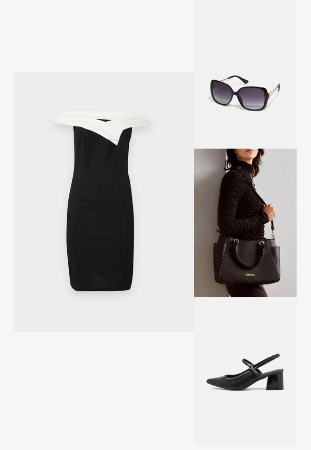 Svart tettsittende kjole med en hvit av-shoulder krage, elegant design og jevn tekstur, og viser en moderne silhuett.; Sorte lakk lær slingback hæler med spiss tå, et avrundet utskjæringsdesign og blokkheel. Har en gulltone spenne som detalj.; Sorte oversized solbriller med gradient linser, tykke rammer og detaljering med gulltonekjede på tempelarmene.; Svart håndveske med teksturert overflate, doble topphåndtak og justerbar skulderrem. Har detaljer i gulltone og sidelommer.