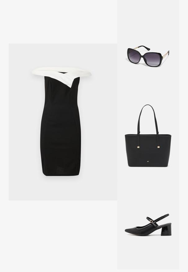 Schwarzes, figurbetontes Kleid mit einem weißen schulterfreien Kragen, elegantes Design und glatte Textur, das eine moderne Silhouette zeigt.; Schwarze Lackleder-Slingback-Absätze mit spitzer Zehenform, einem runden Ausschnitt-Design und einem Blockabsatz. Mit einem goldfarbenen Schnallenakzent.; Schwarze übergroße Sonnenbrille mit getönten Gläsern, dicken Rahmen und goldfarbener Kettendetaillierung an den Bügeln.; Schwarze Tragetasche aus synthetischem Material, mit einfachem rechteckigem Design, goldenen quadratischen Akzenten und doppelten Griffen.