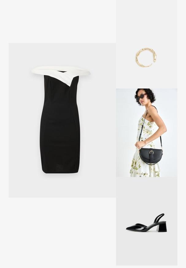 Juoda prigludusi suknelė su balta nepamiršta apykakle, elegantiškas dizainas ir sklandus tekstūra, pabrėžianti modernią siluetą.; Juodos lakuotos odinės šlepetės su smailiu pirštu ir geometriniu bloko kulnu. Turi elegantišką, minimalistinį dizainą ir lygų paviršių.; Juodas odinis krepšys su išlenkta forma, nuimamu dirželiu ir auksiniais detalėmis. Krepšys turi kilpą su sagtimi.; Auksinės spalvos žiedas, turintis organišką, sukimosi dizainą su lygiu paviršiumi ir siaurėjančiais galais, sukuriantis modernią skulptūrinę išvaizdą.