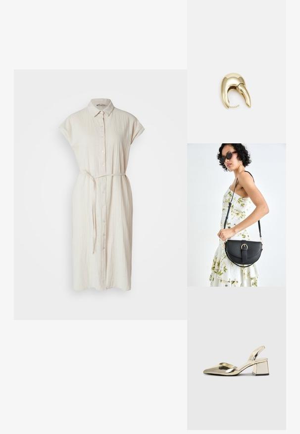 Krekliņš ar pogām, izgatavots no gaiši beigu auduma, ar īsām kapaku piedurknēm, jostas saitēm un nedaudz teksturētu apdari.; Zeltaini, metāla kurpes ar siksniņām, norakans purngalis un masīla papēdis. Gluda tekstūra, minimālisma dizains un šaura siksna.; Melnas ādas rokassoma ar izliekta formu, noņemamu siksnu un zelta aksesuāriem. Somai ir vāciņš ar sprādzes detaļu.; Zeltīti metāla auskari ar gludu, izliekta dizaina. Ar atšķirīgu smailu formu, pulētu virsmu un eņģu aizdari.